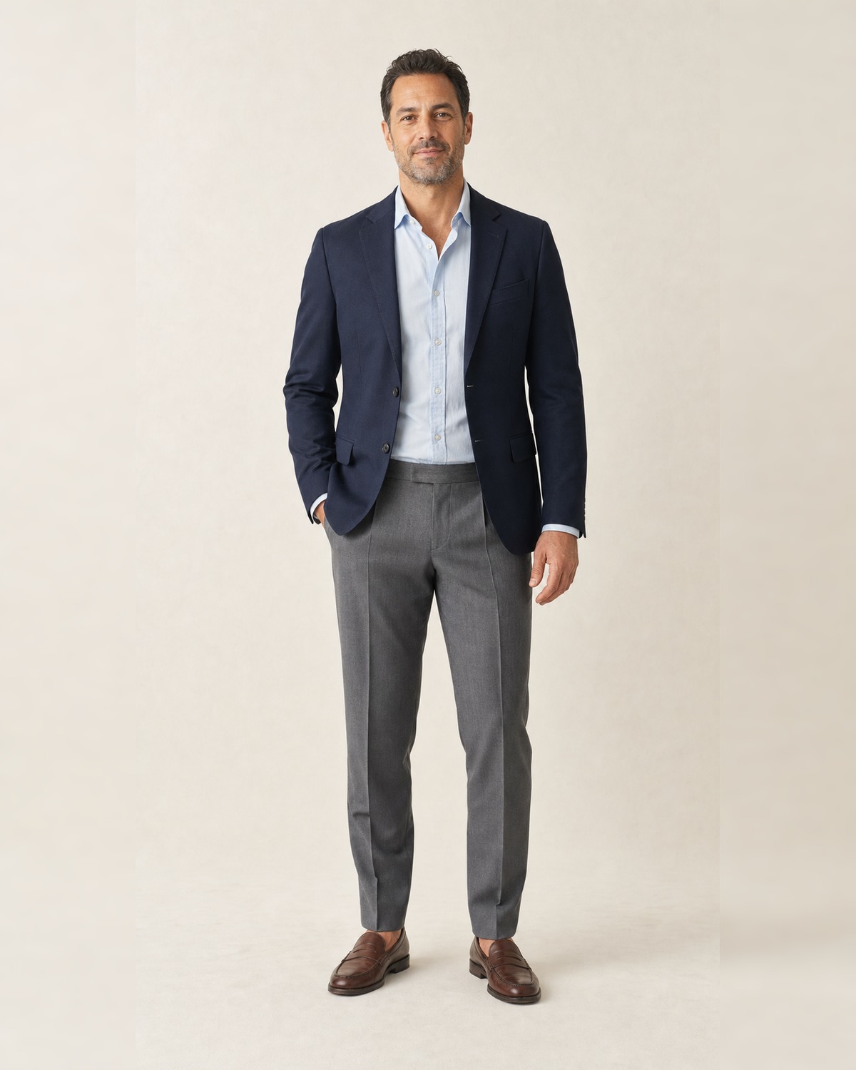 The same man restyled with the capsule system — fitted, tonal and coherent