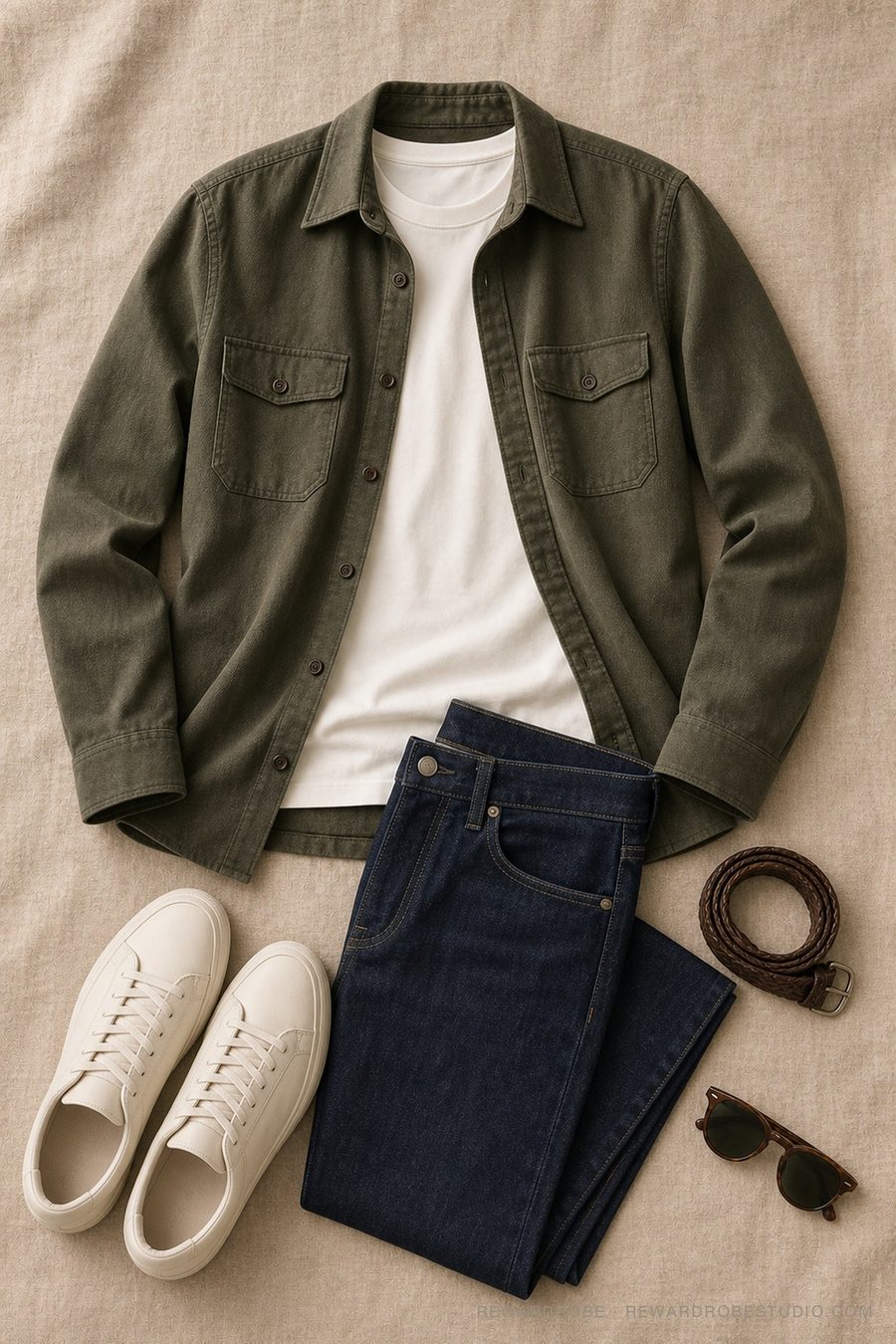 A men's smart-casual flat lay — olive overshirt, white tee and indigo jeans