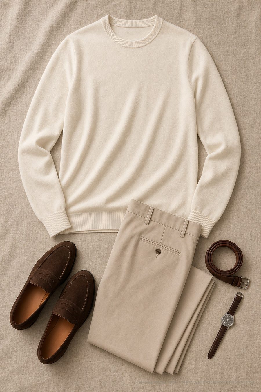 A men's smart-casual outfit — Cream merino crew, Stone chino and Loafers