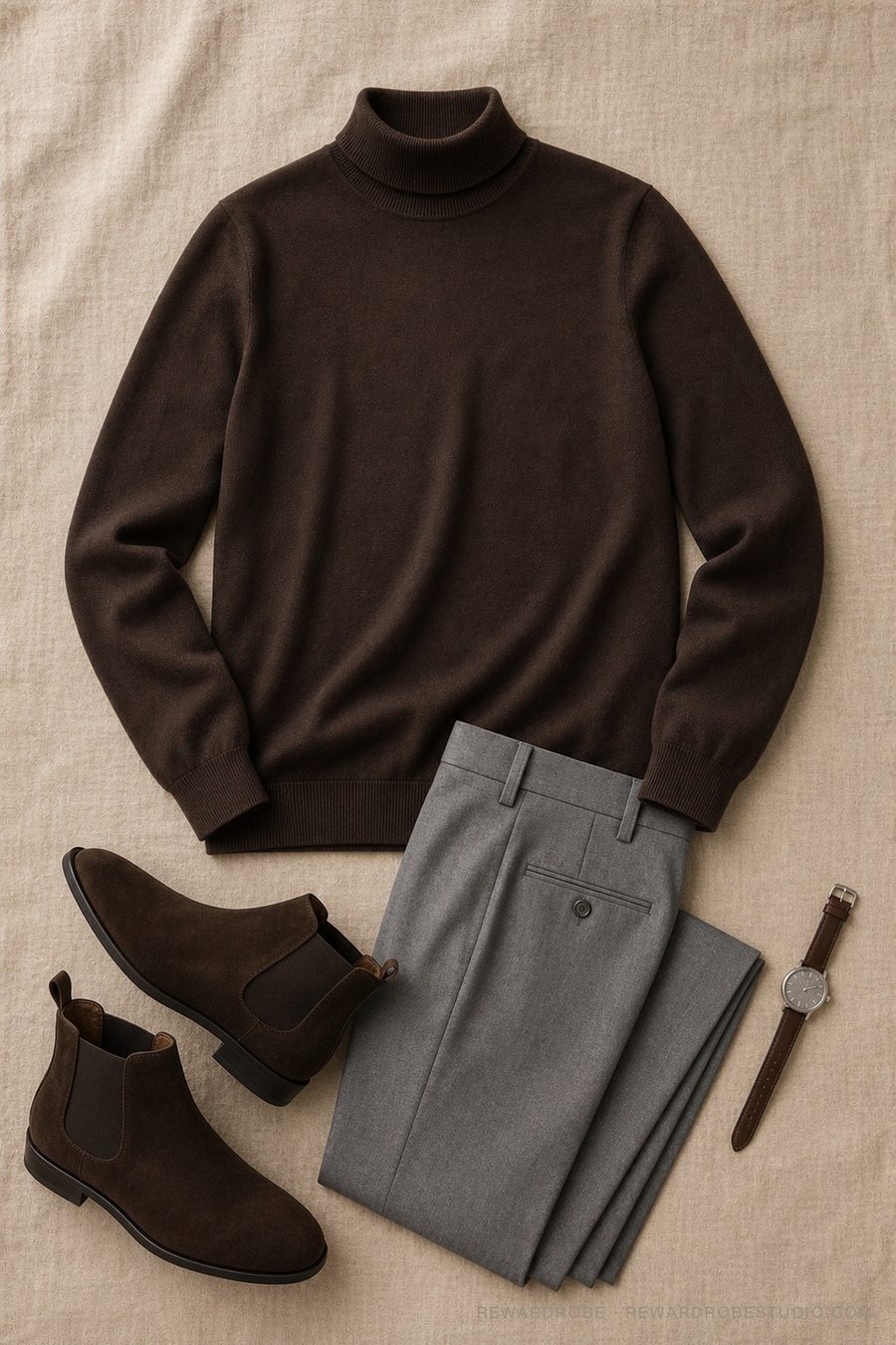 A men's smart-casual outfit — Chocolate rollneck, Grey trousers and Chelseas