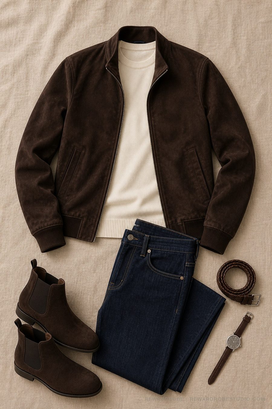 A men's smart-casual outfit — Suede bomber, Cream crew and Indigo jeans