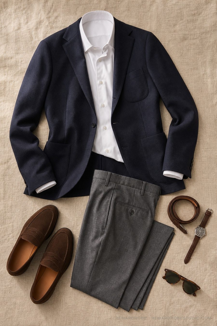 A men's smart-casual outfit flat lay — navy blazer, white oxford shirt, grey trousers and brown suede loafers