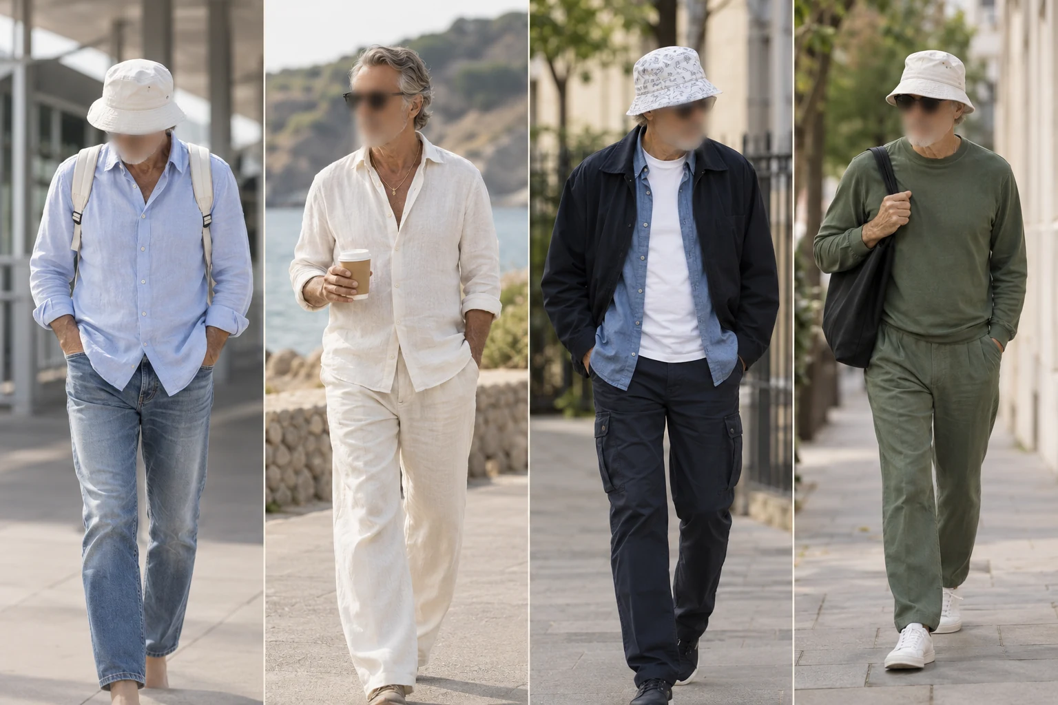 Four outfit studies: a light-blue shirt with faded jeans; off-white linen separates; a blue shirt beneath a dark jacket with navy cargo trousers; tonal green separates with a black tote