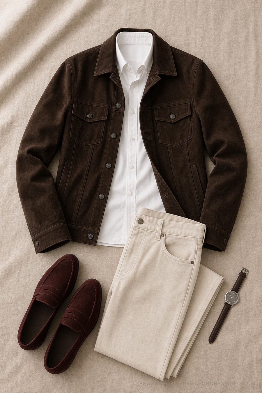A men's fall layering flat lay — chocolate suede trucker, white oxford shirt and ecru jeans