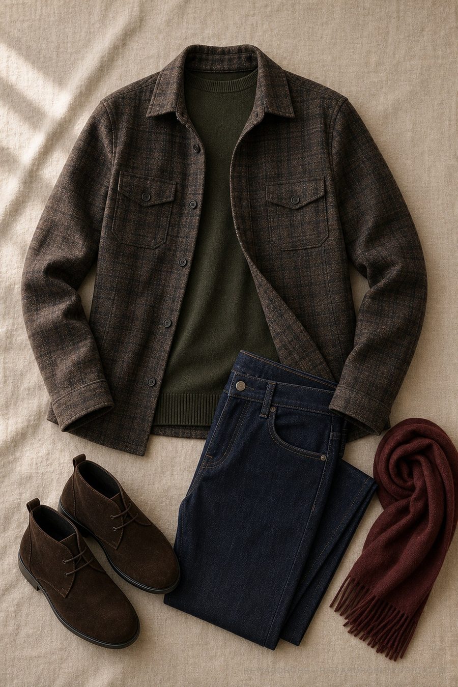 A men's fall layering outfit flat lay — Checked overshirt · Loden crew · Burgundy scarf