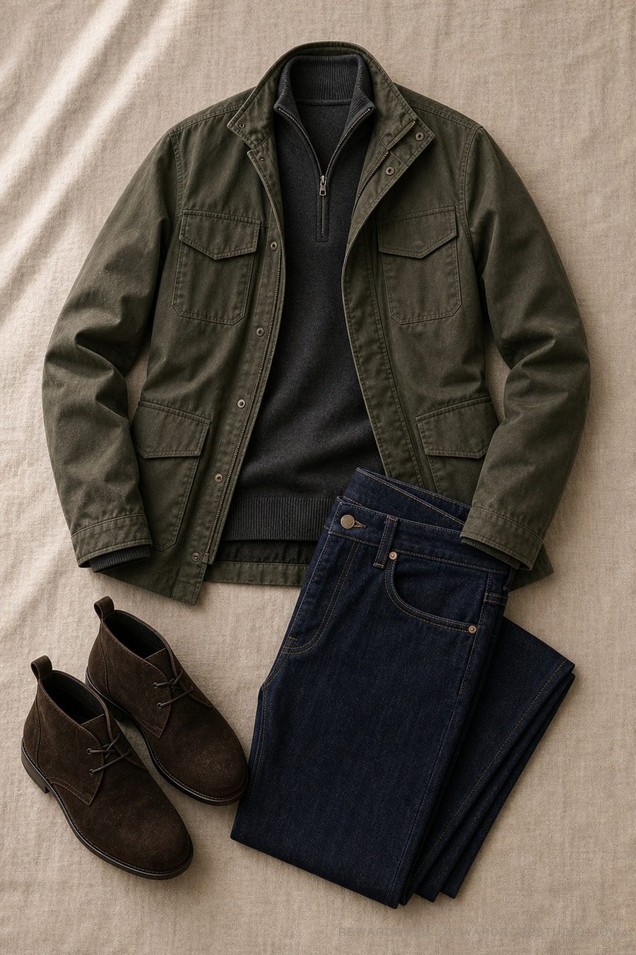 A men's fall layering outfit flat lay — Loden field jacket · Charcoal quarter-zip · Indigo jeans