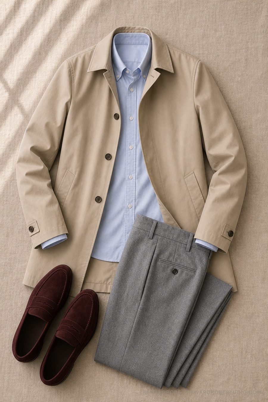 A men's fall layering outfit flat lay — Stone mac · Blue oxford · Grey flannel
