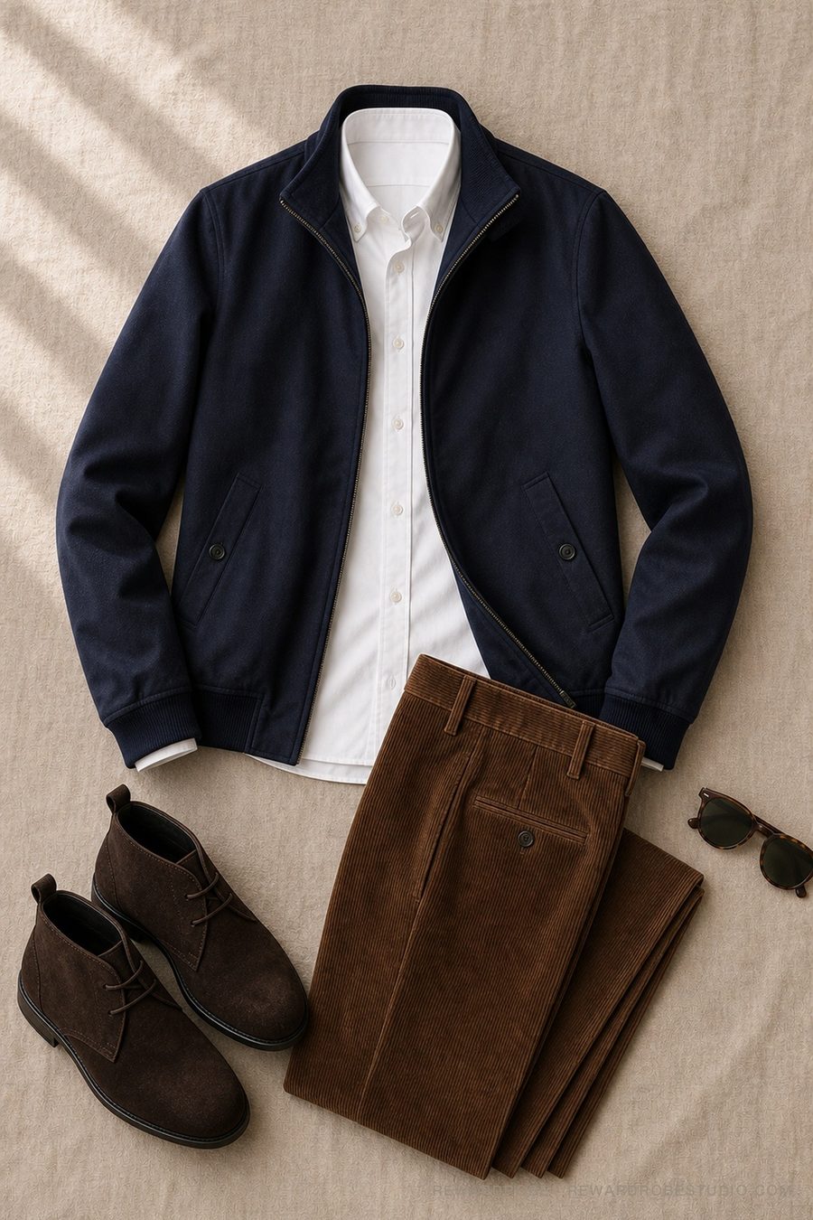 A men's fall layering outfit flat lay — Navy Harrington · White OCBD · Tobacco cords