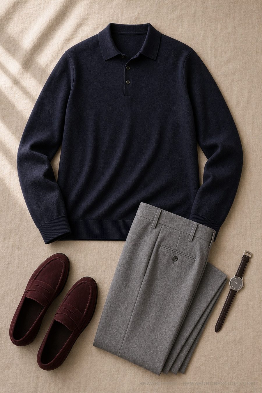 A men's fall layering outfit flat lay — Navy polo · Grey flannel · Oxblood loafers