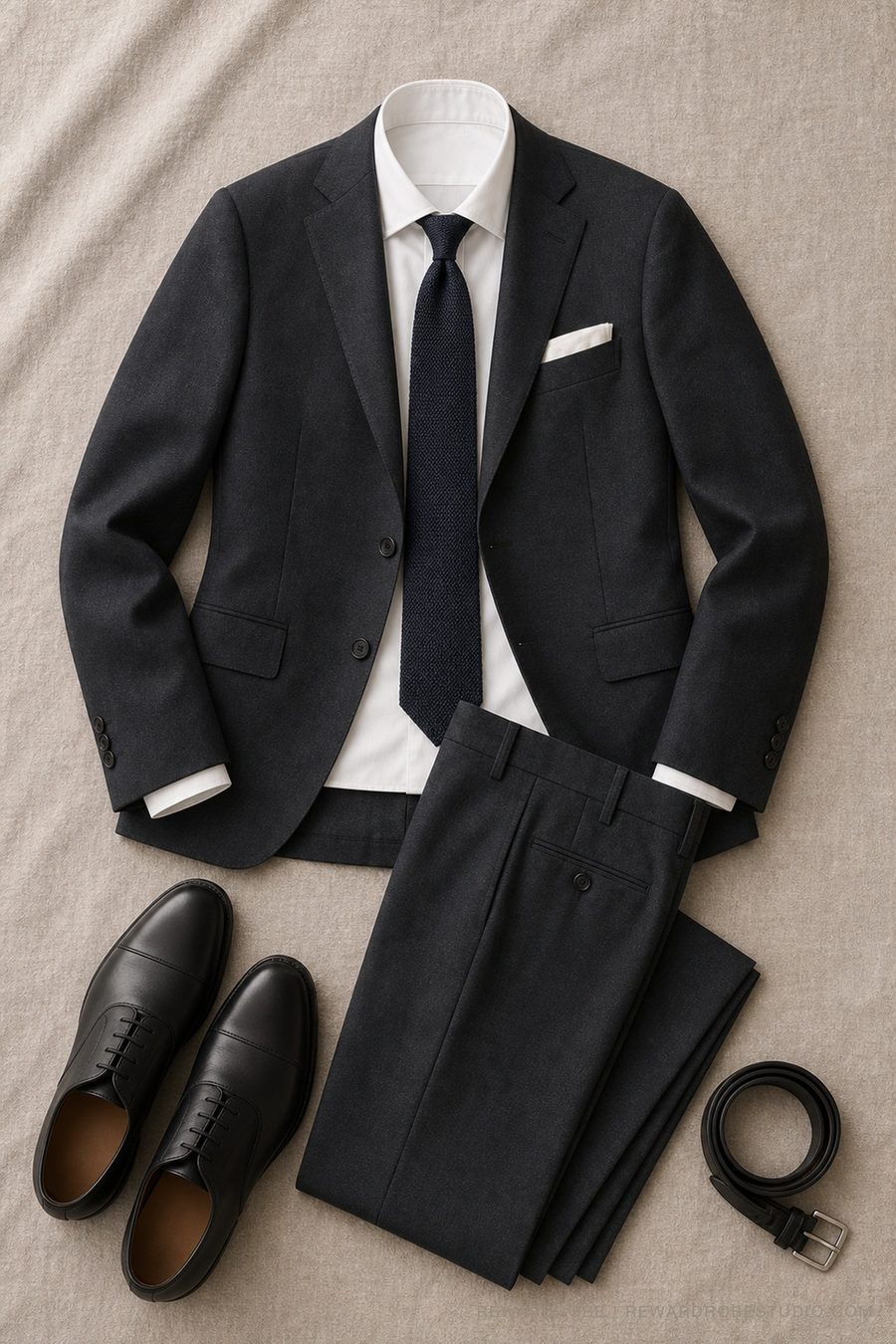 A men's business-casual flat lay — charcoal suit, white shirt and navy knit tie