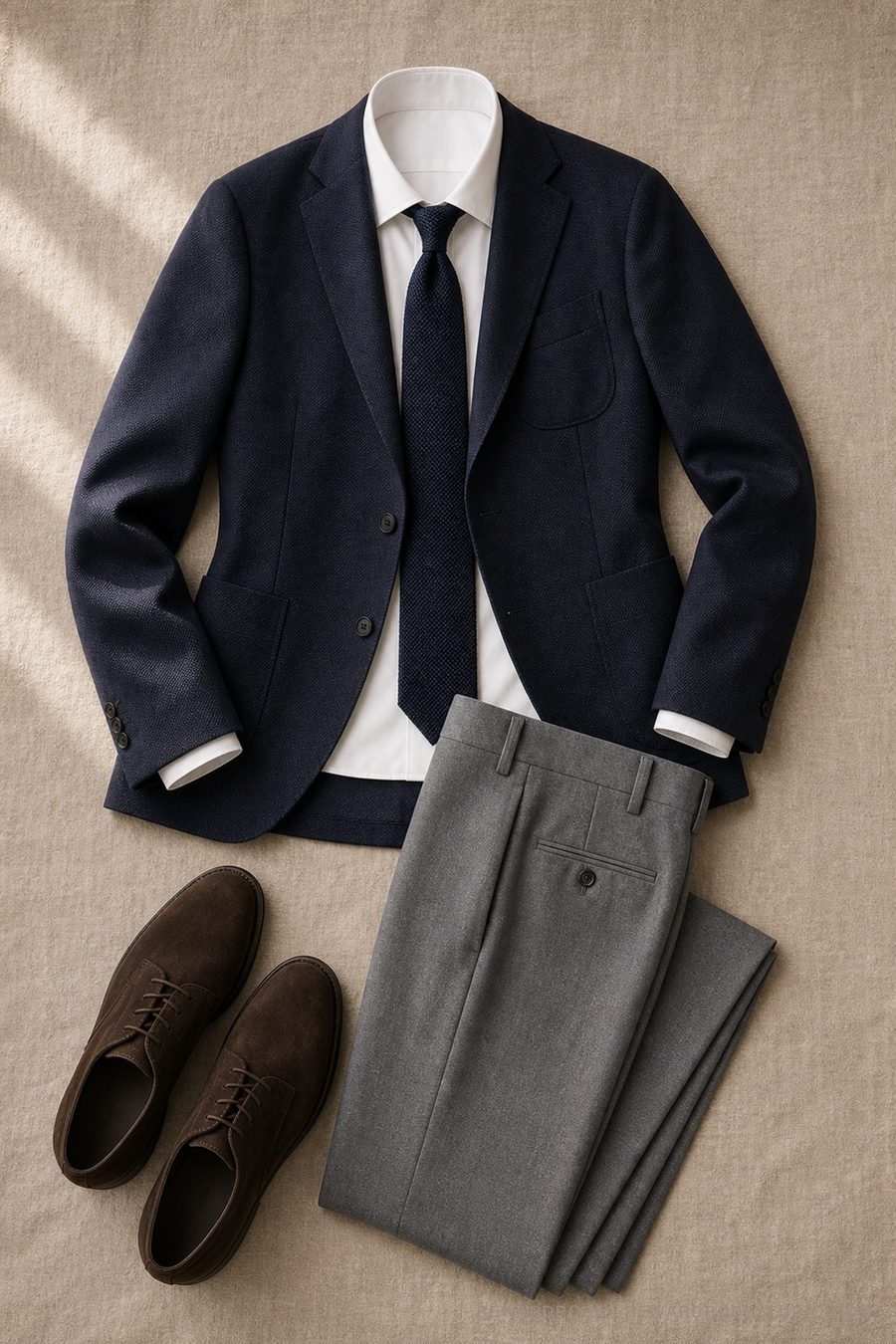 A men's business-casual outfit flat lay — Navy blazer · White shirt · Knit tie