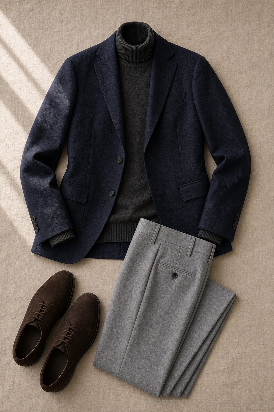 A men's business-casual outfit flat lay — Navy blazer · Charcoal rollneck · Grey flannel