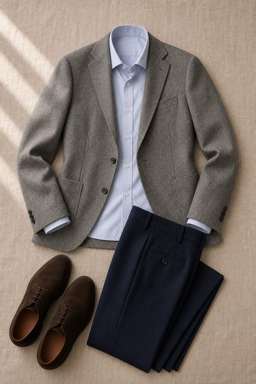 A men's business-casual outfit flat lay — Grey sport coat · Blue shirt · Navy trousers