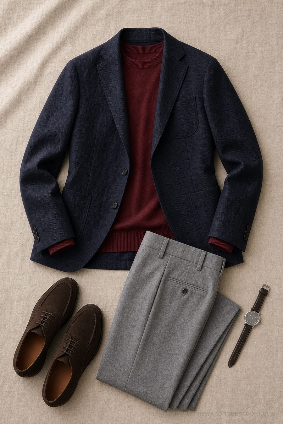 A men's business-casual outfit flat lay — Navy blazer · Burgundy crew · Grey flannel