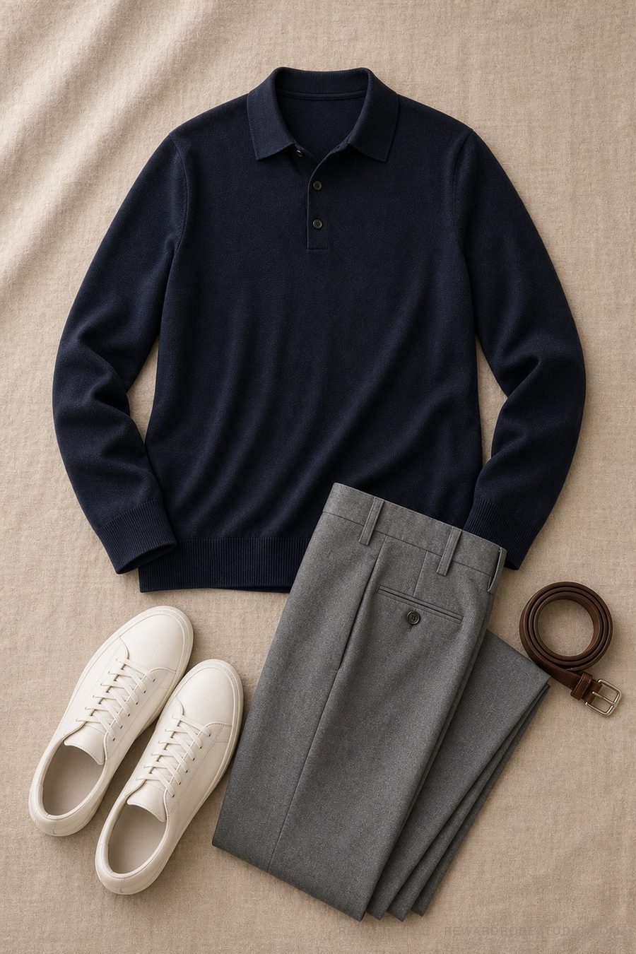 A men's business-casual outfit flat lay — Navy merino polo · Grey worsted trousers