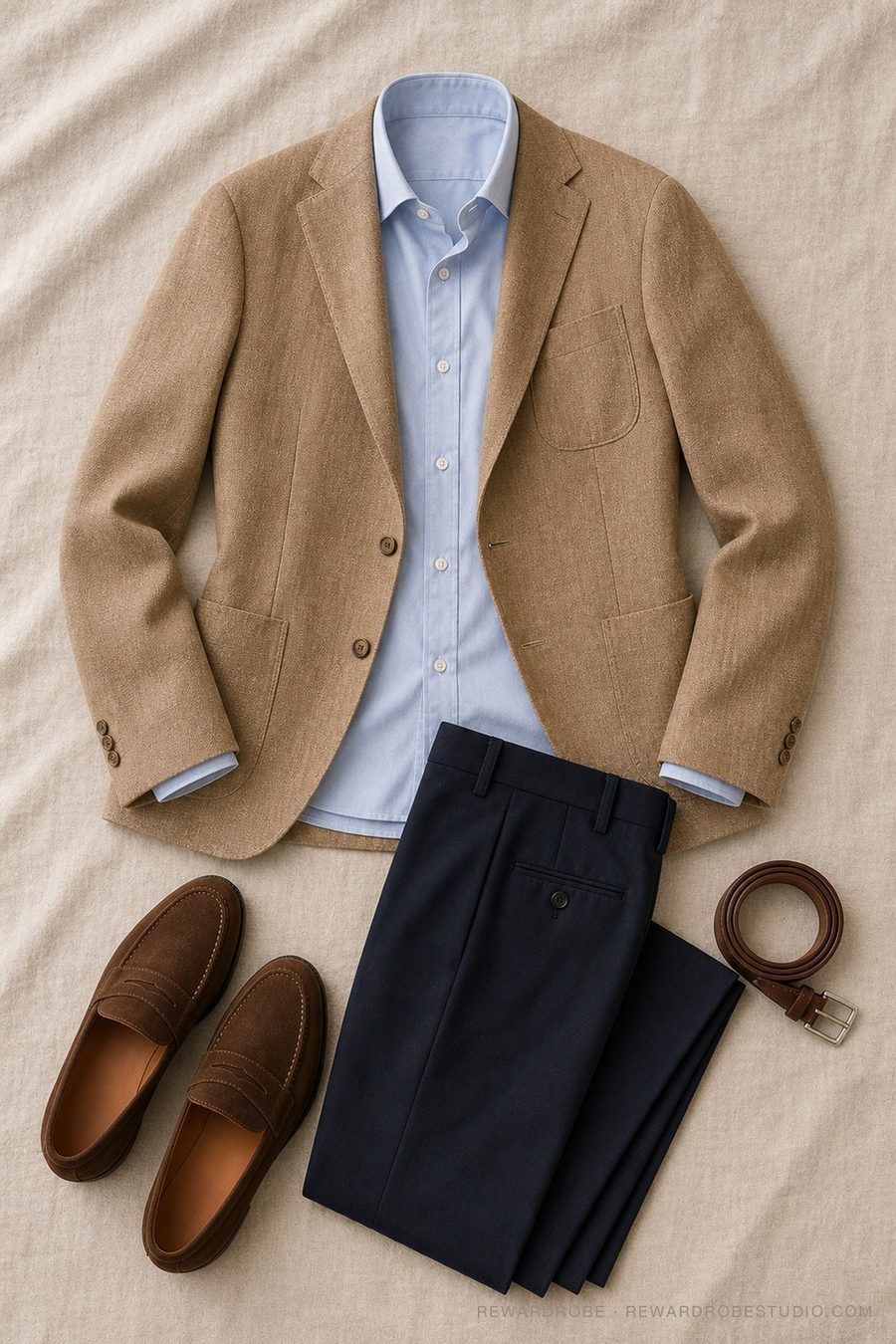 A men's summer flat lay — tan linen blazer, blue oxford shirt and navy trousers