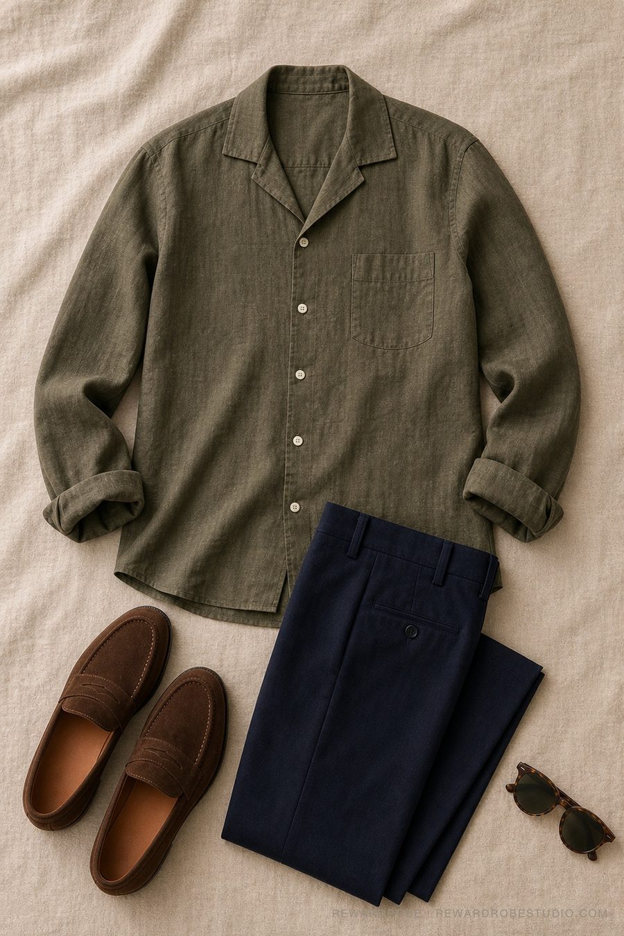 A men's summer outfit flat lay — Olive camp-collar shirt · Navy trousers · Loafers
