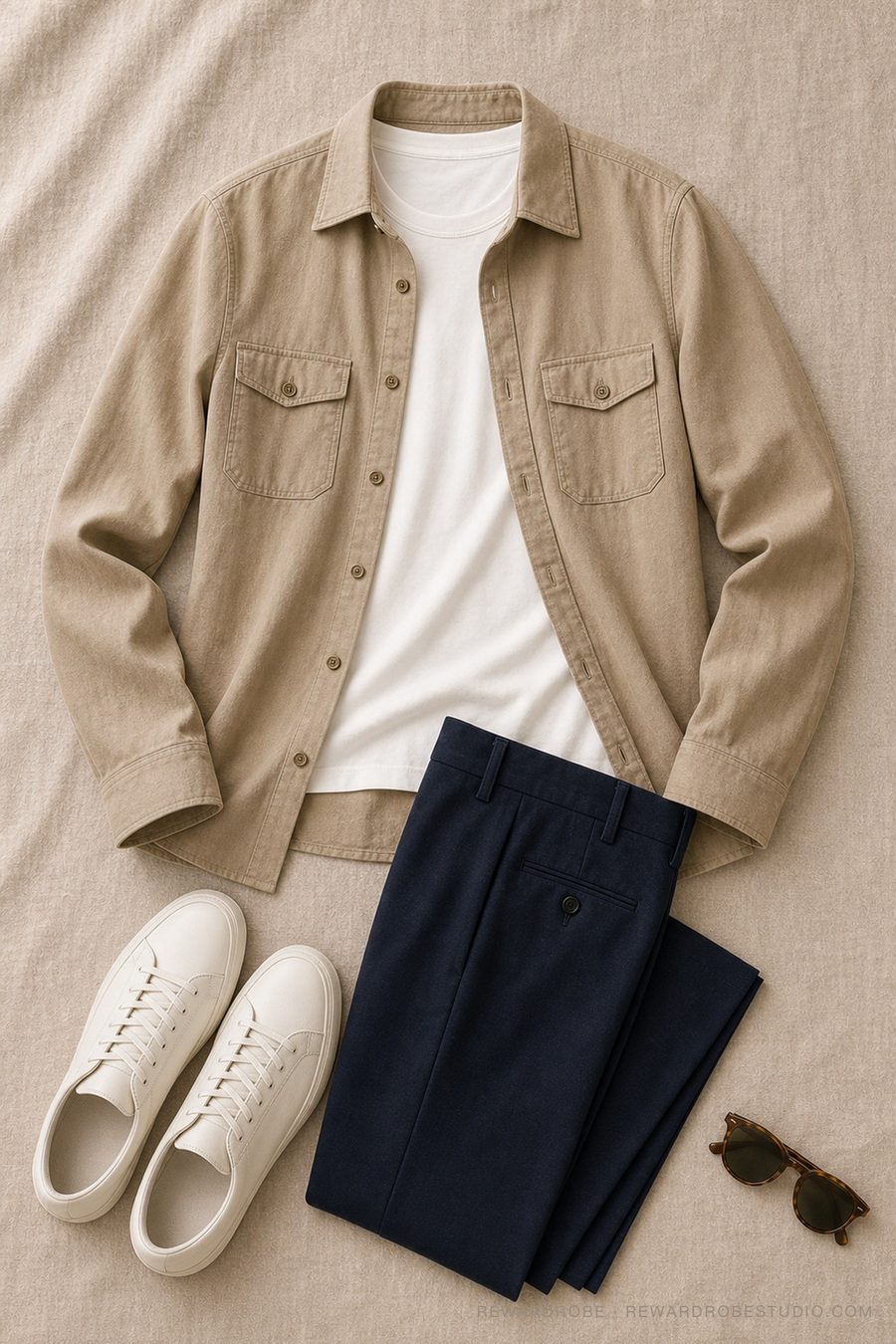 A men's summer outfit flat lay — Taupe overshirt · White tee · Navy trousers