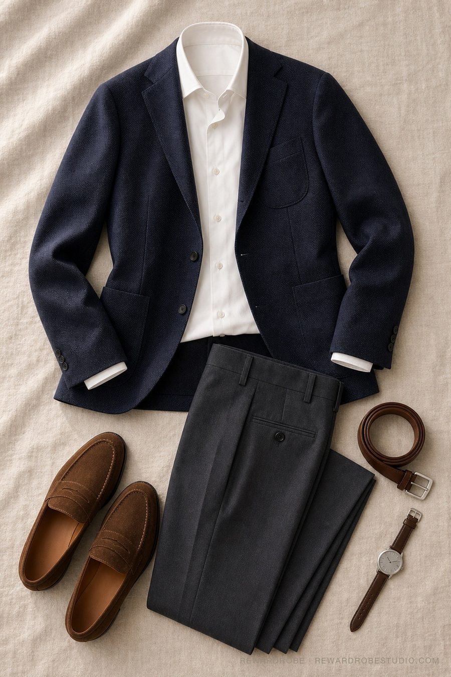 A men's summer outfit flat lay — Navy blazer · White shirt · Charcoal trousers