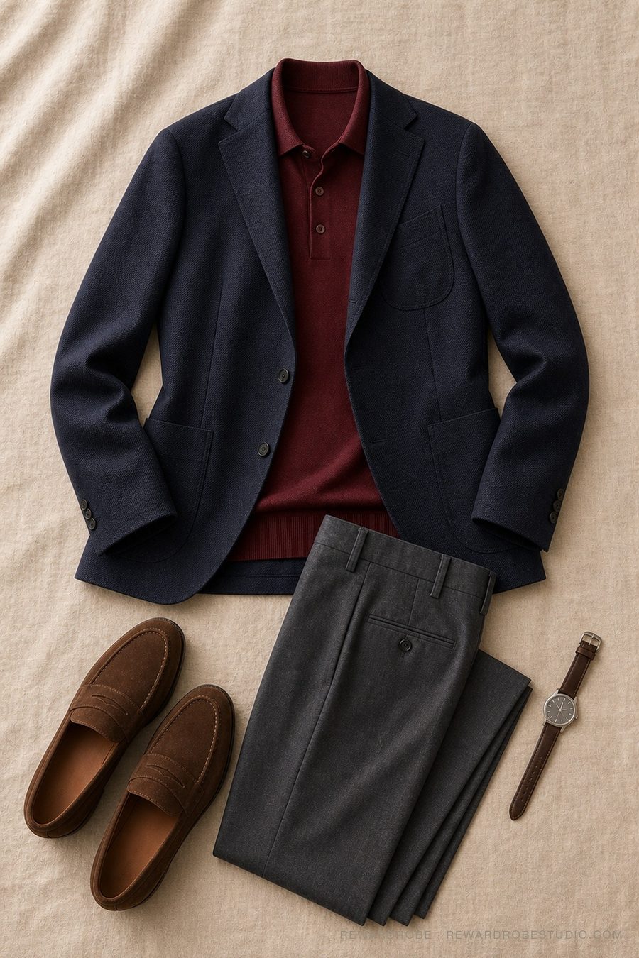 A men's summer outfit flat lay — Navy blazer · Burgundy polo · Charcoal trousers