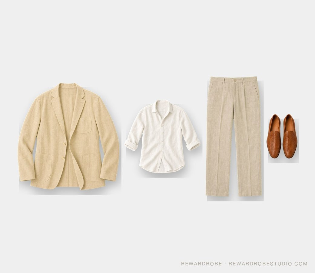 What to wear to a Bangkok rooftop bar — an oatmeal linen blazer over a white linen shirt with stone trousers