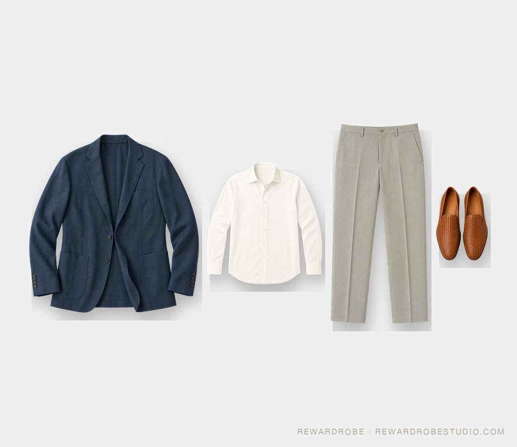 Tropical vacation outfit for men over 40 — an unstructured navy blazer over a white shirt with grey trousers