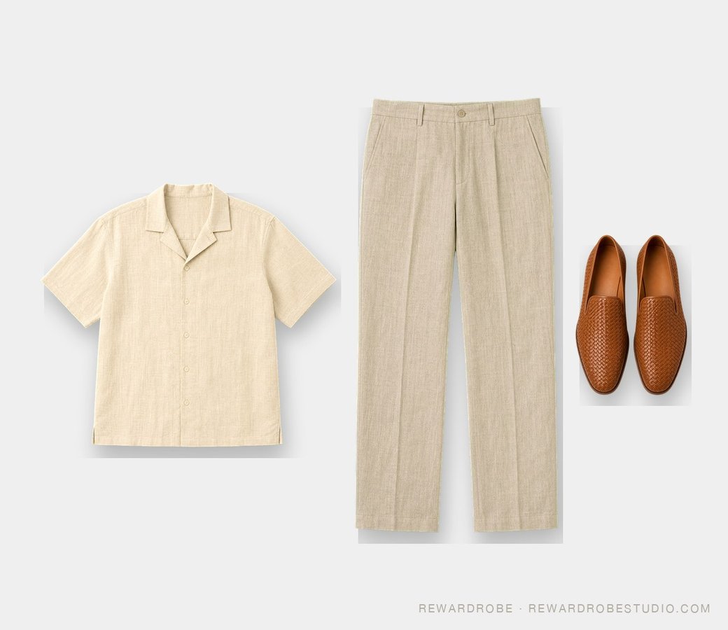 What to wear in Bangkok — an ecru linen camp-collar shirt with stone linen trousers and woven loafers