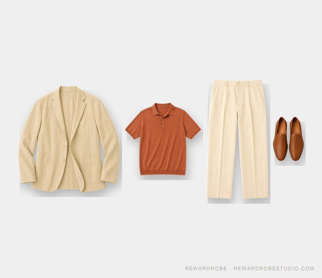 Tropical vacation outfit for men over 40 — an oatmeal linen blazer over a terracotta knitted polo with ecru trousers