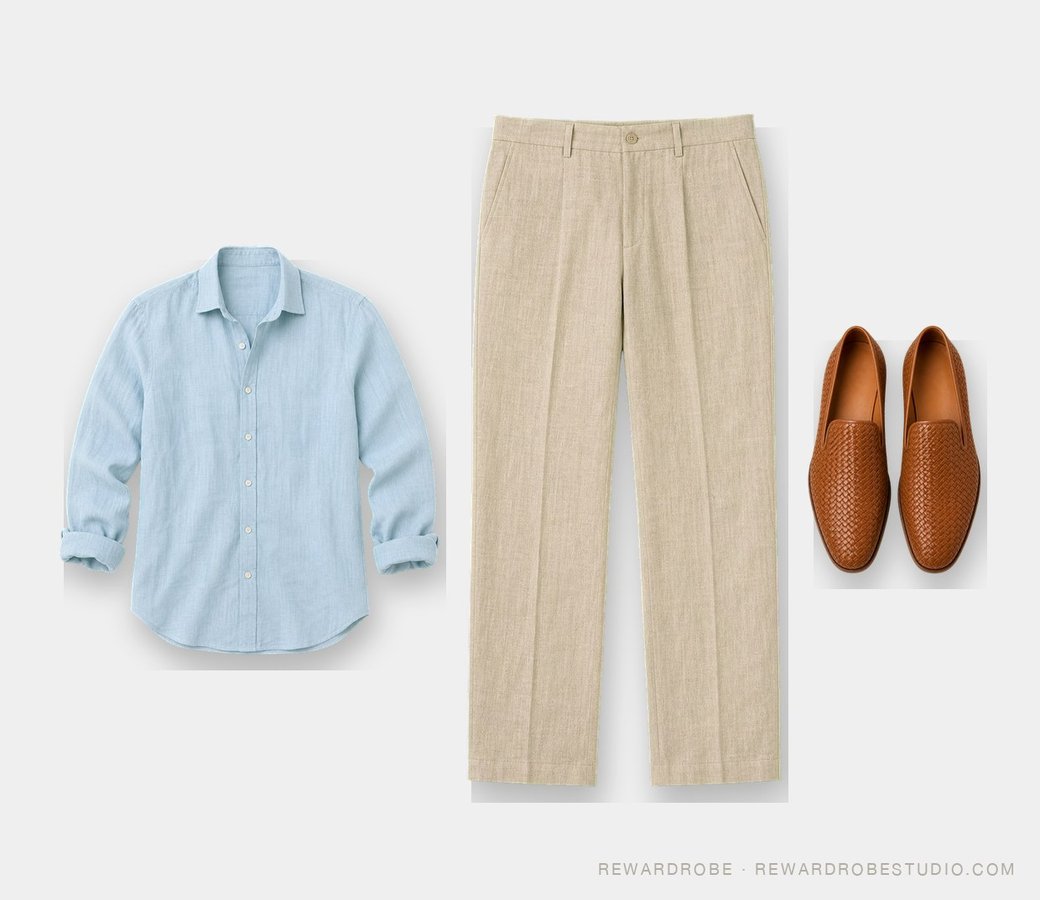 Tropical vacation outfit for men over 40 — a pale sky linen shirt with stone trousers