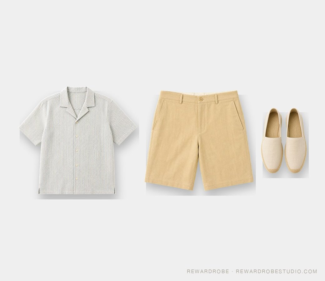 What to wear on a Thai island — a seersucker camp-collar shirt with tailored shorts and espadrilles