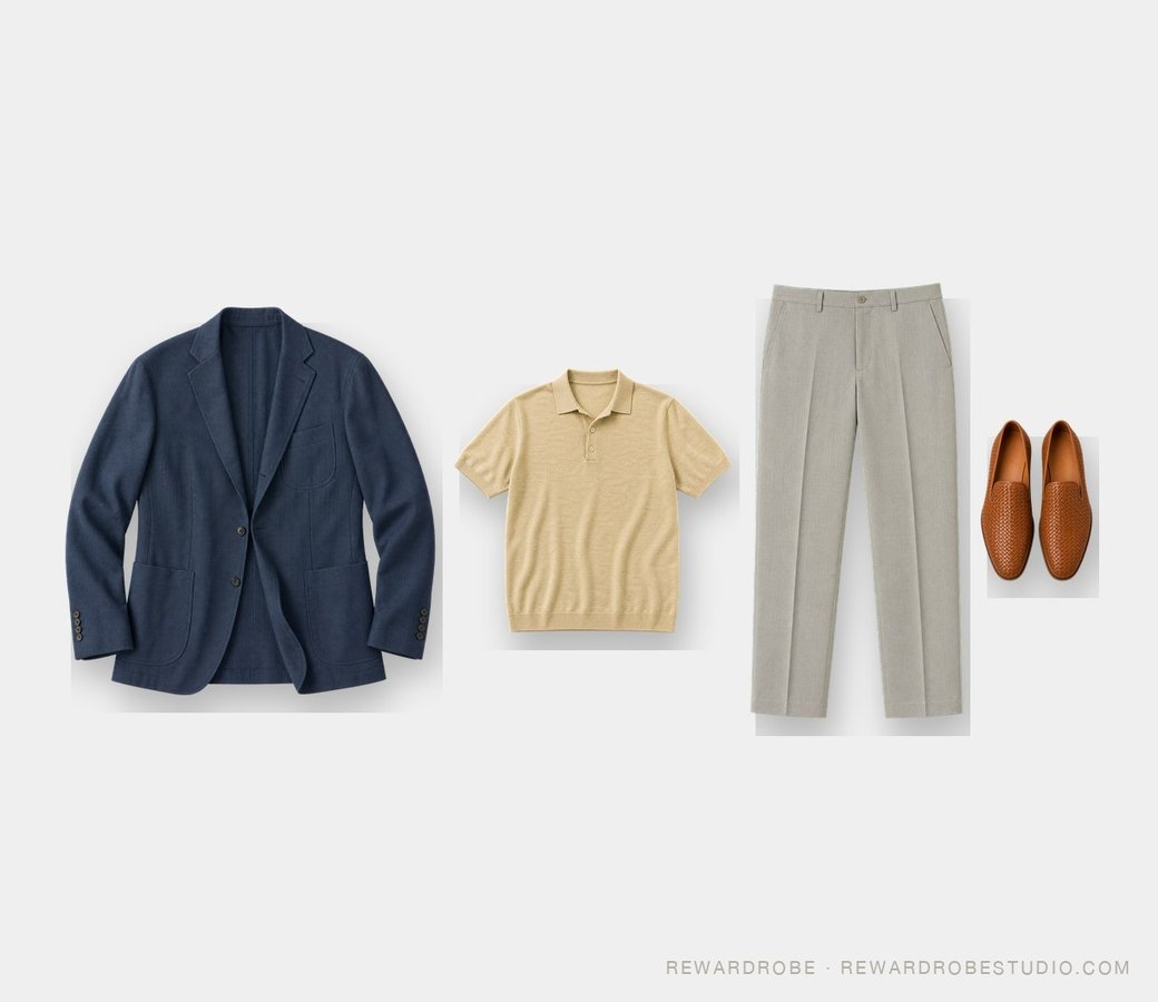 Tropical vacation outfit for men over 40 — an unstructured navy blazer over a sand polo with grey trousers