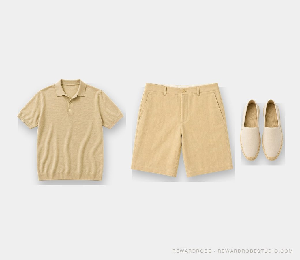 Tropical vacation outfit for men over 40 — a sand knitted polo with tailored sand shorts and espadrilles