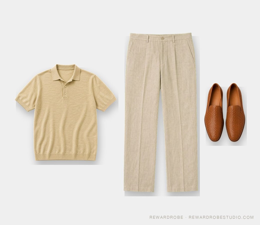 Tropical vacation outfit for men over 40 — a sand knitted polo with stone linen trousers