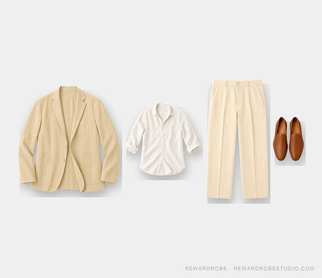 Tropical vacation outfit for men over 40 — an oatmeal linen blazer over a white linen shirt with ecru trousers