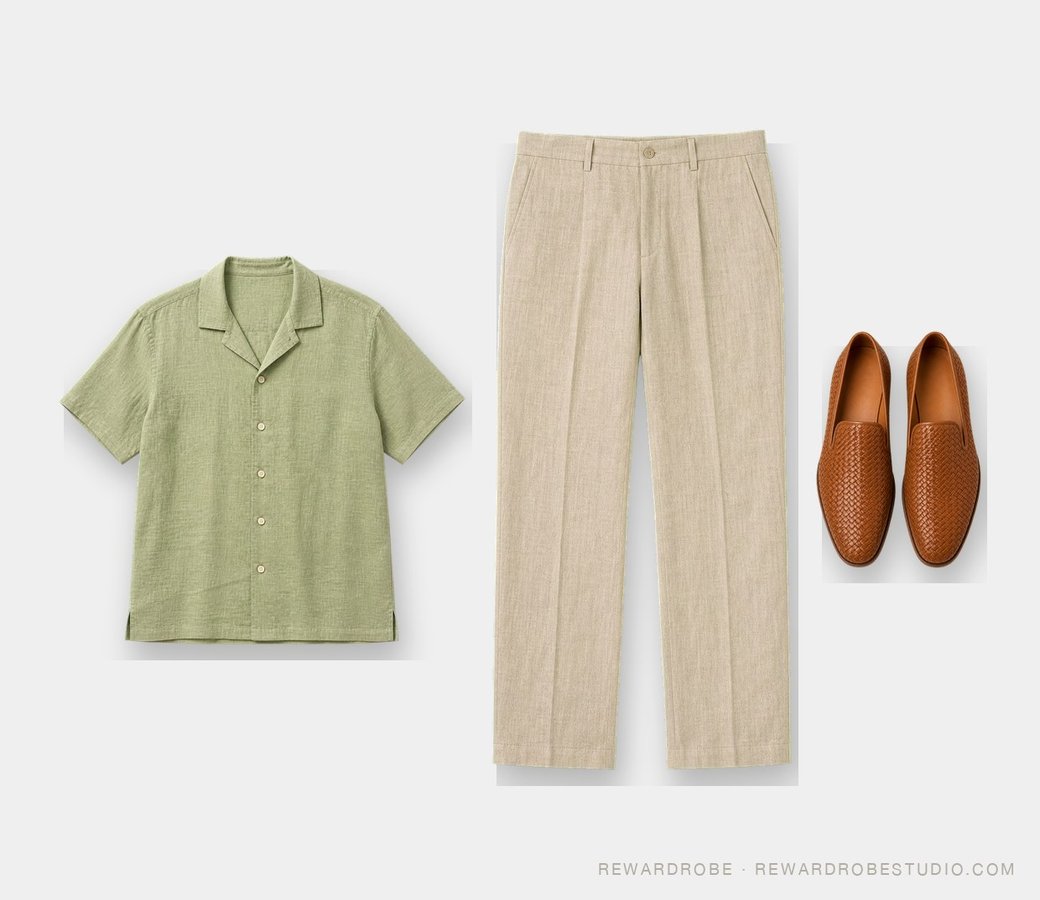 Tropical vacation outfit for men over 40 — a sage green linen camp-collar shirt with stone trousers