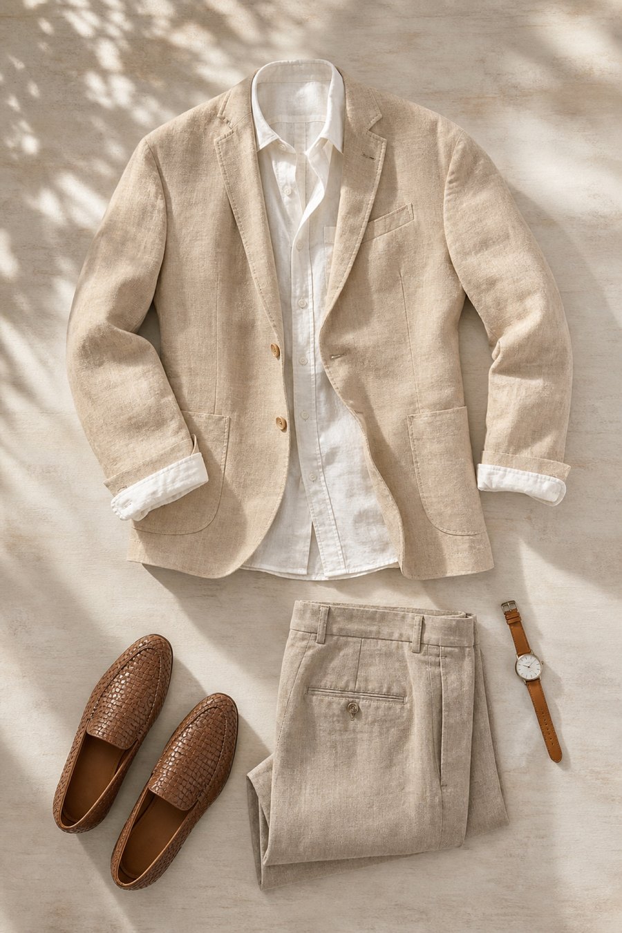 A men's hot-weather outfit flat lay — oatmeal linen blazer, white linen shirt and stone linen trousers with woven loafers