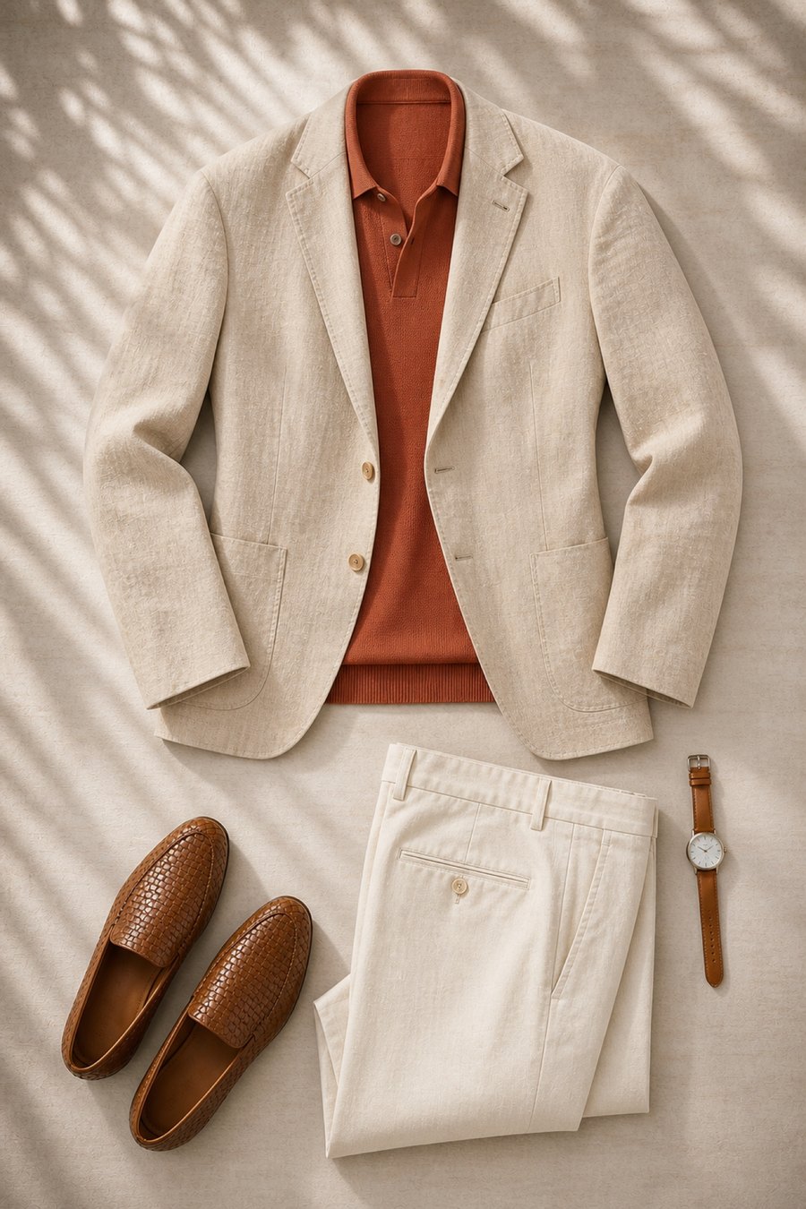 A men's hot-weather outfit flat lay — oatmeal linen blazer, terracotta knitted polo and ecru linen trousers