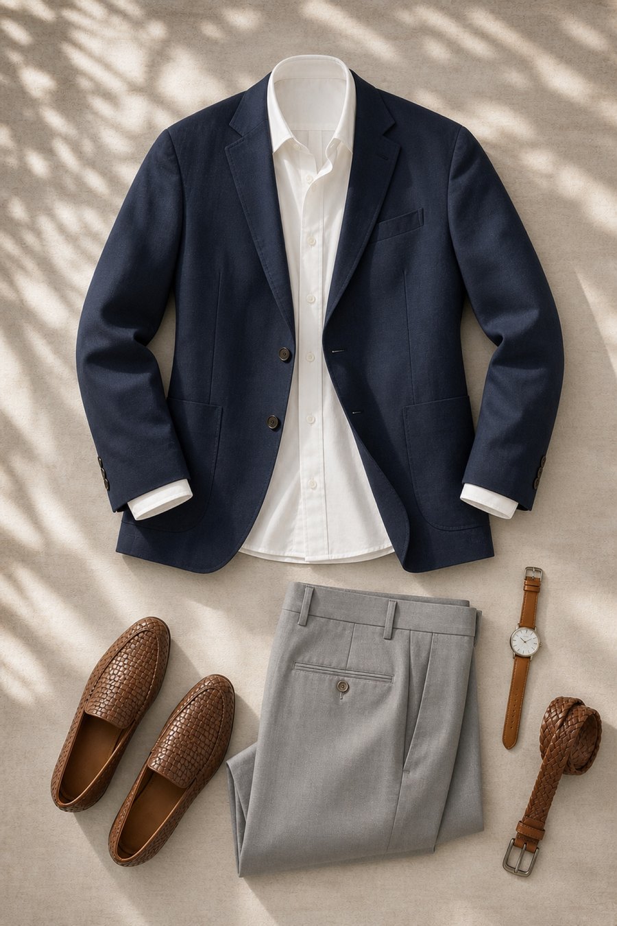 A men's hot-weather work outfit flat lay — unstructured navy blazer, white poplin shirt and dove-grey tropical-wool trousers