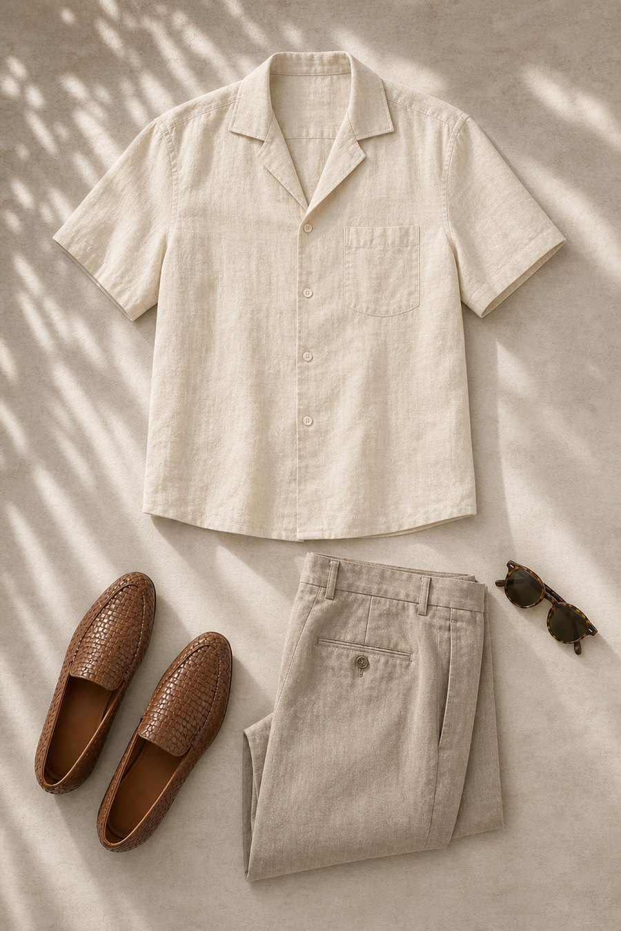 A men's hot-weather outfit flat lay — ecru linen camp-collar shirt and stone linen trousers with woven loafers