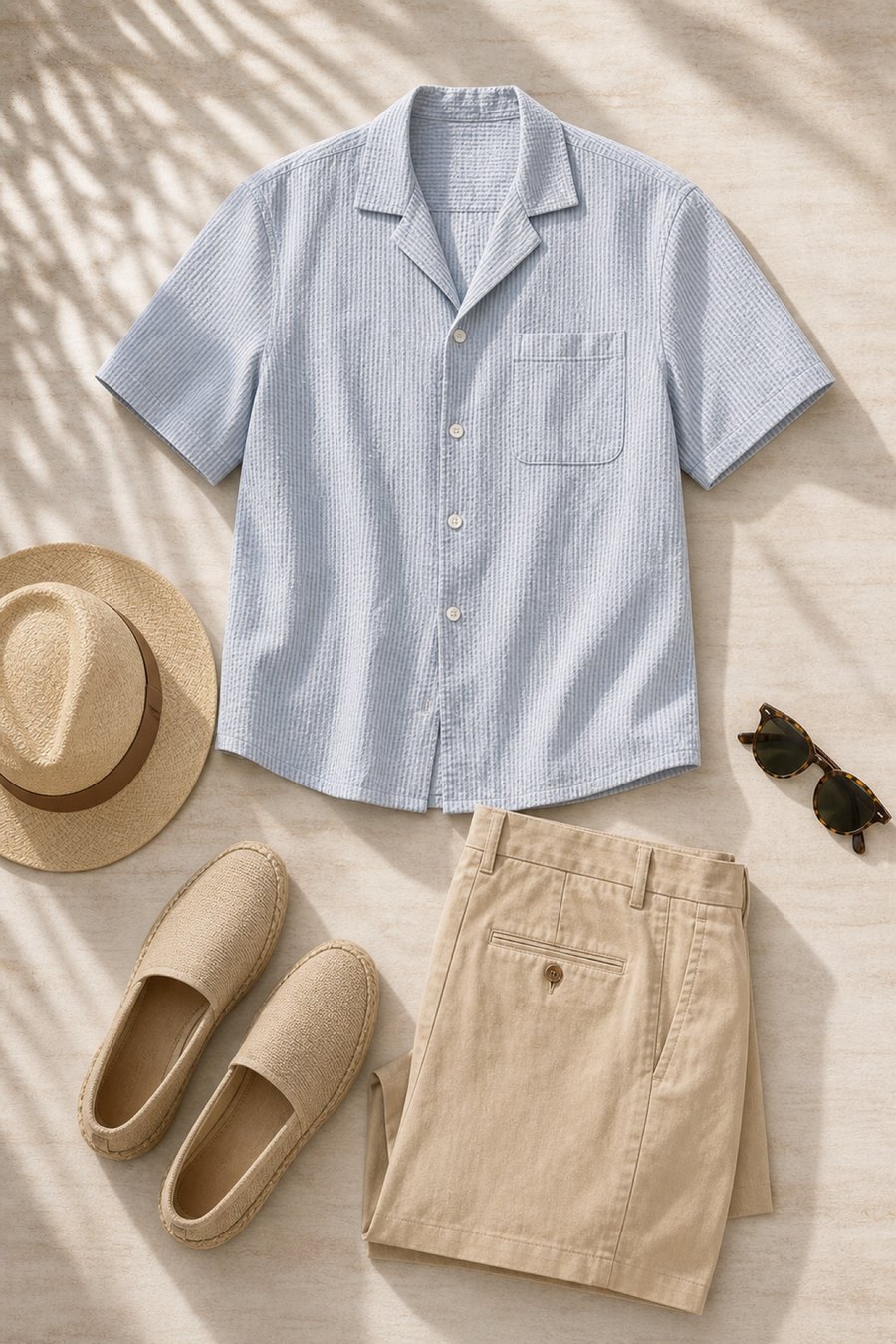 A men's hot-weather weekend outfit flat lay — seersucker camp-collar shirt, sand tailored shorts and espadrilles