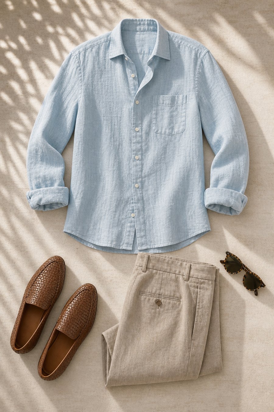 A men's hot-weather outfit flat lay — pale-sky linen shirt and stone linen trousers with woven loafers
