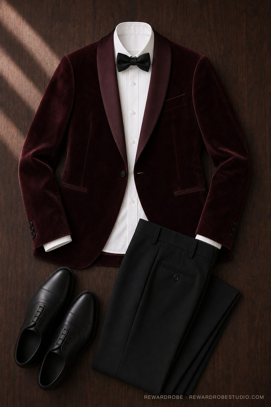 A men's formalwear outfit flat lay — Burgundy velvet dinner jacket · White shirt · Black bow tie