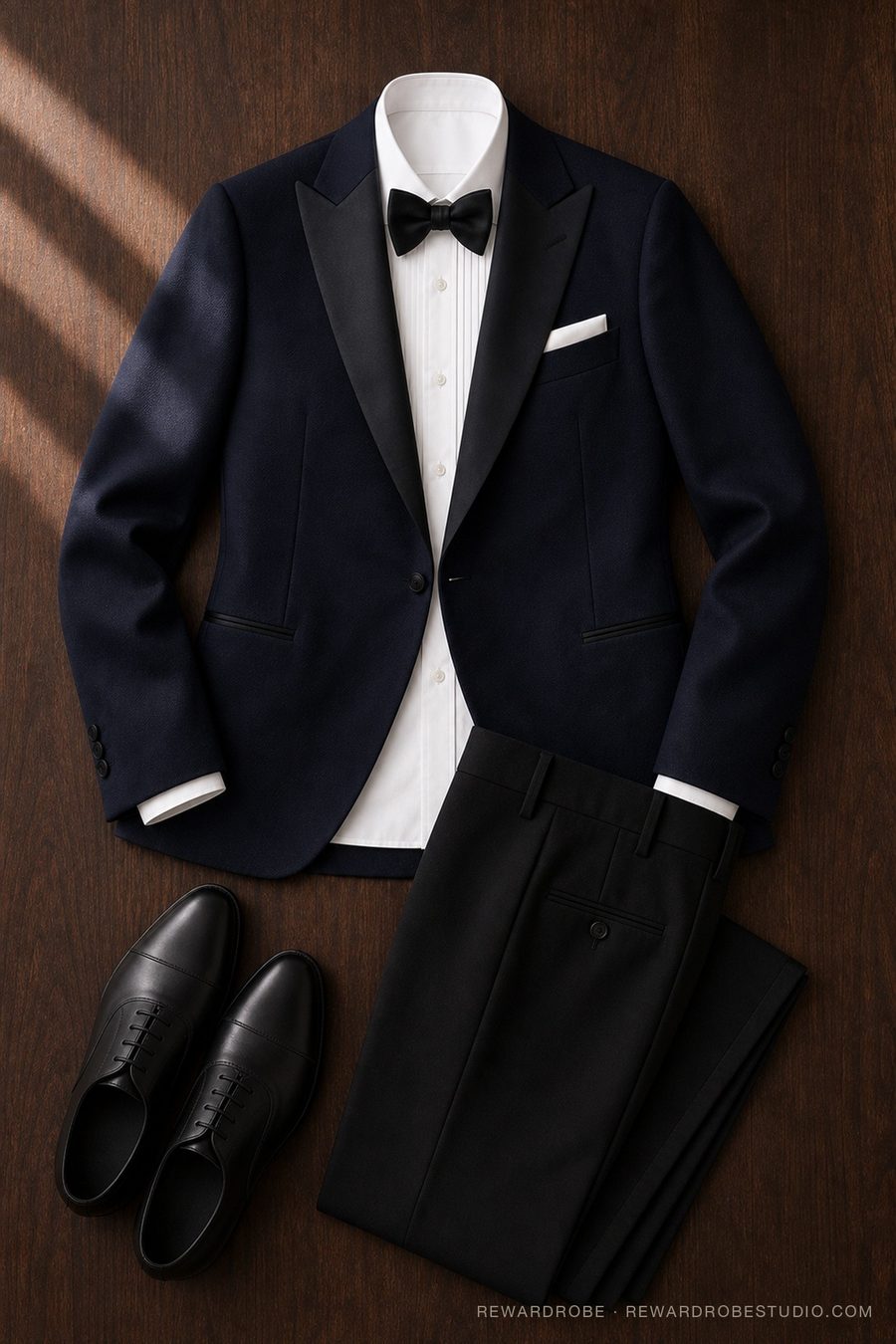 A men's formalwear flat lay — midnight-blue dinner jacket, white shirt and black bow tie