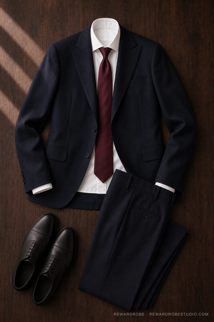 A men's formalwear outfit flat lay — Navy suit · White shirt · Oxblood silk tie