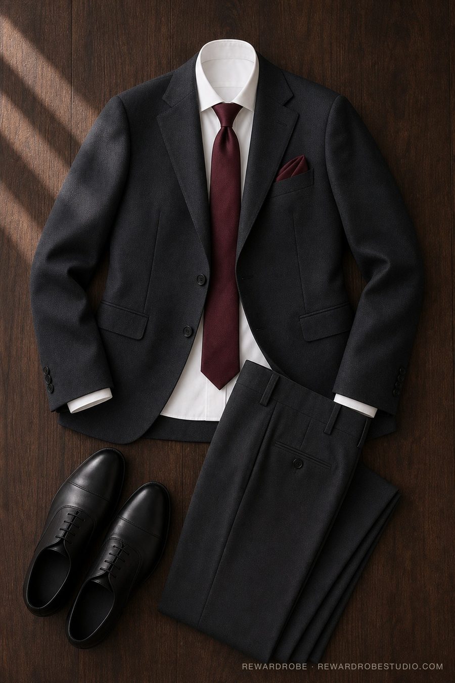 A men's formalwear outfit flat lay — Charcoal suit · White shirt · Oxblood tie