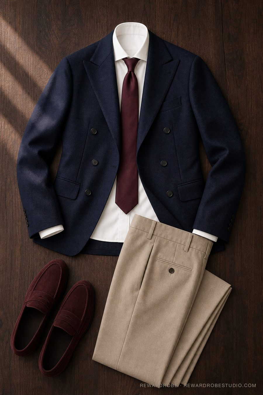 A men's formalwear outfit flat lay — Navy DB blazer · Stone trousers · Oxblood tie