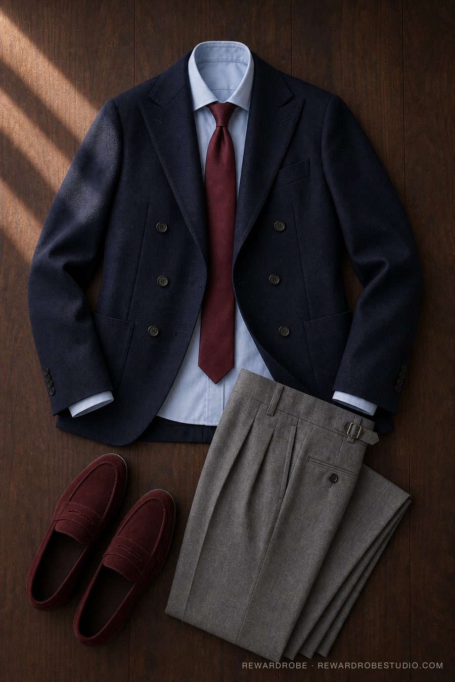 A men's formalwear outfit flat lay — Navy DB blazer · Blue shirt · Oxblood tie