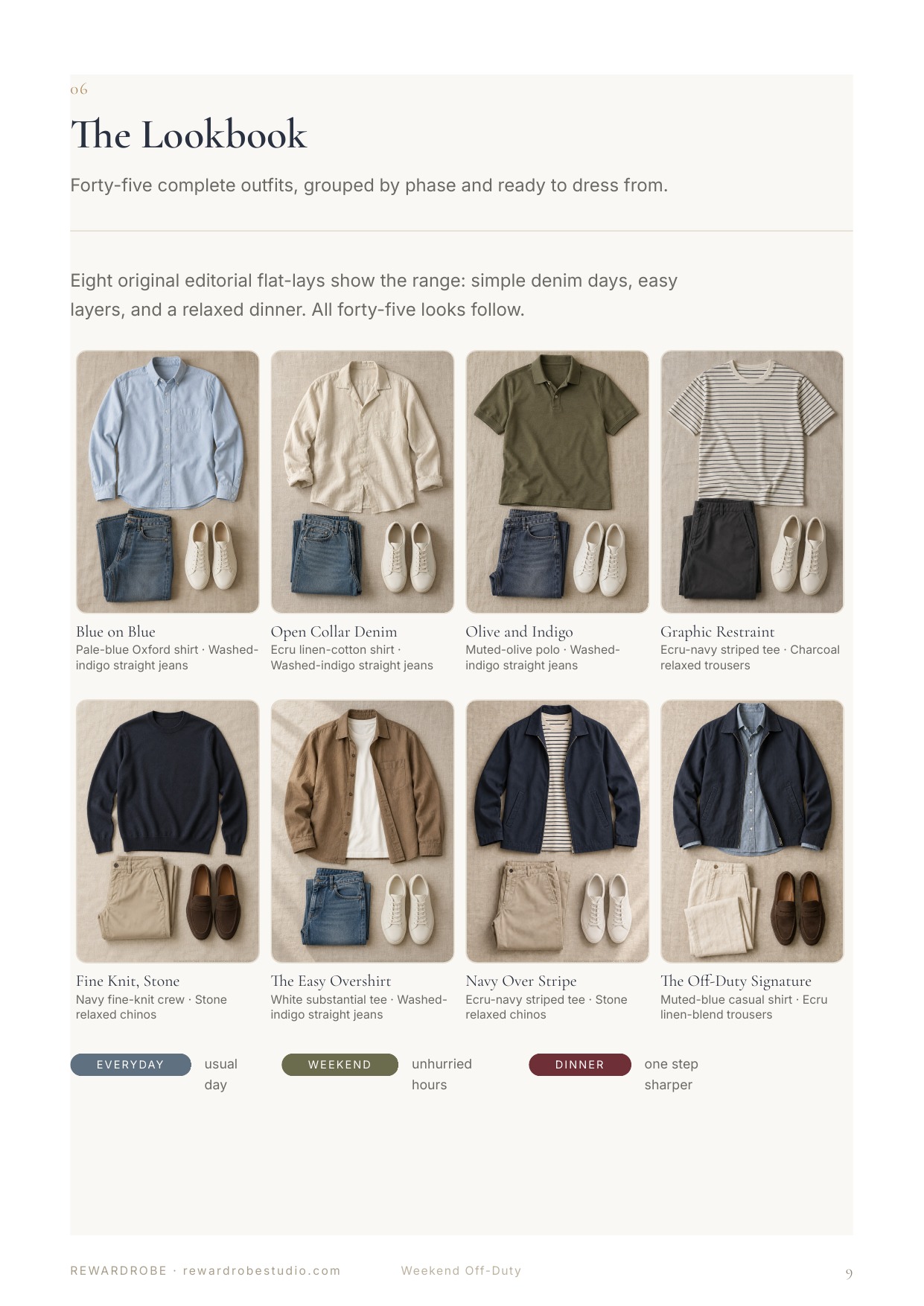 Preview page from Weekend Off-Duty showing eight original flat-lay outfit images