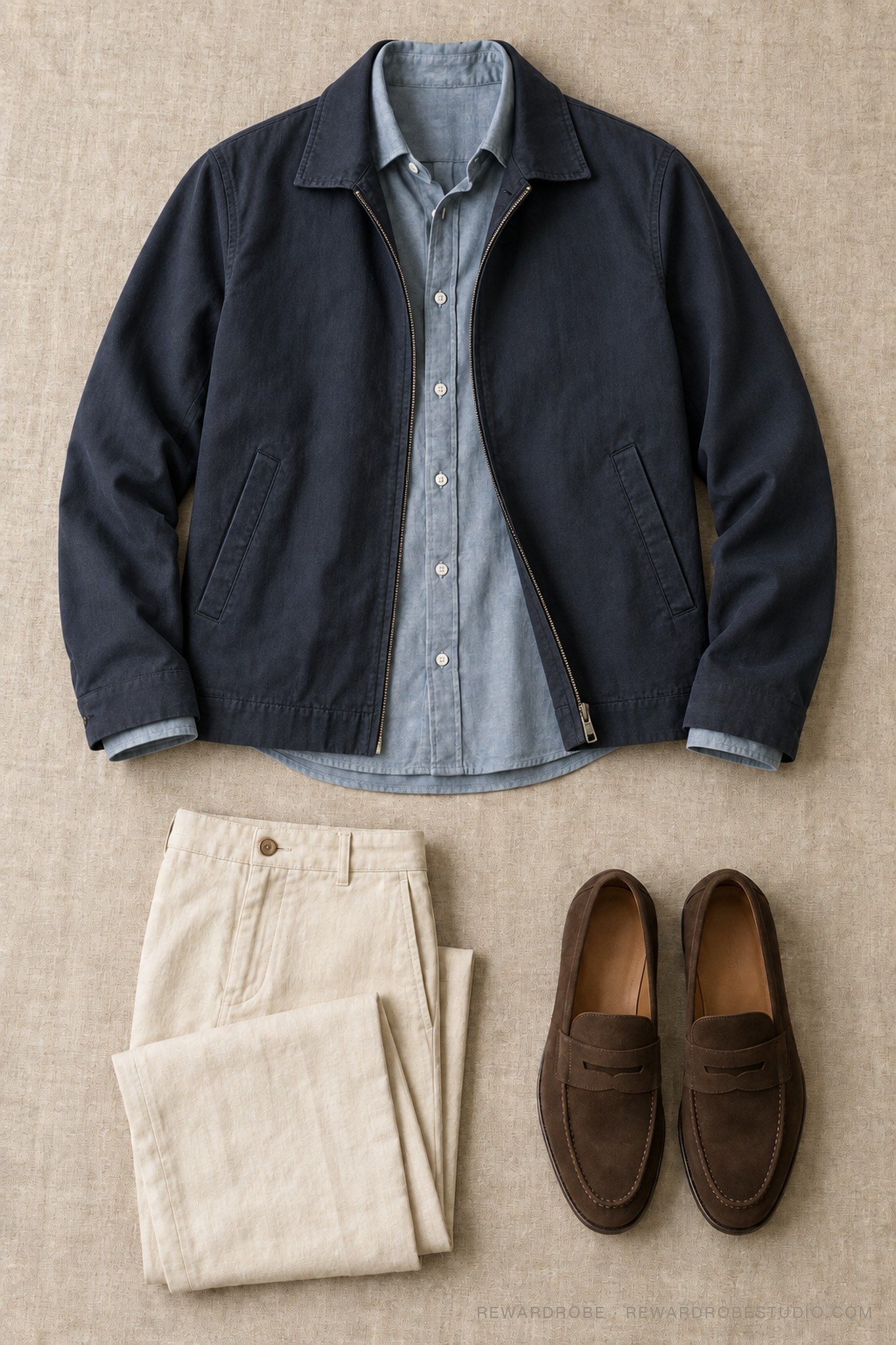 flat-lay of a navy jacket, muted-blue shirt, ecru trousers and brown loafers, Phase 3