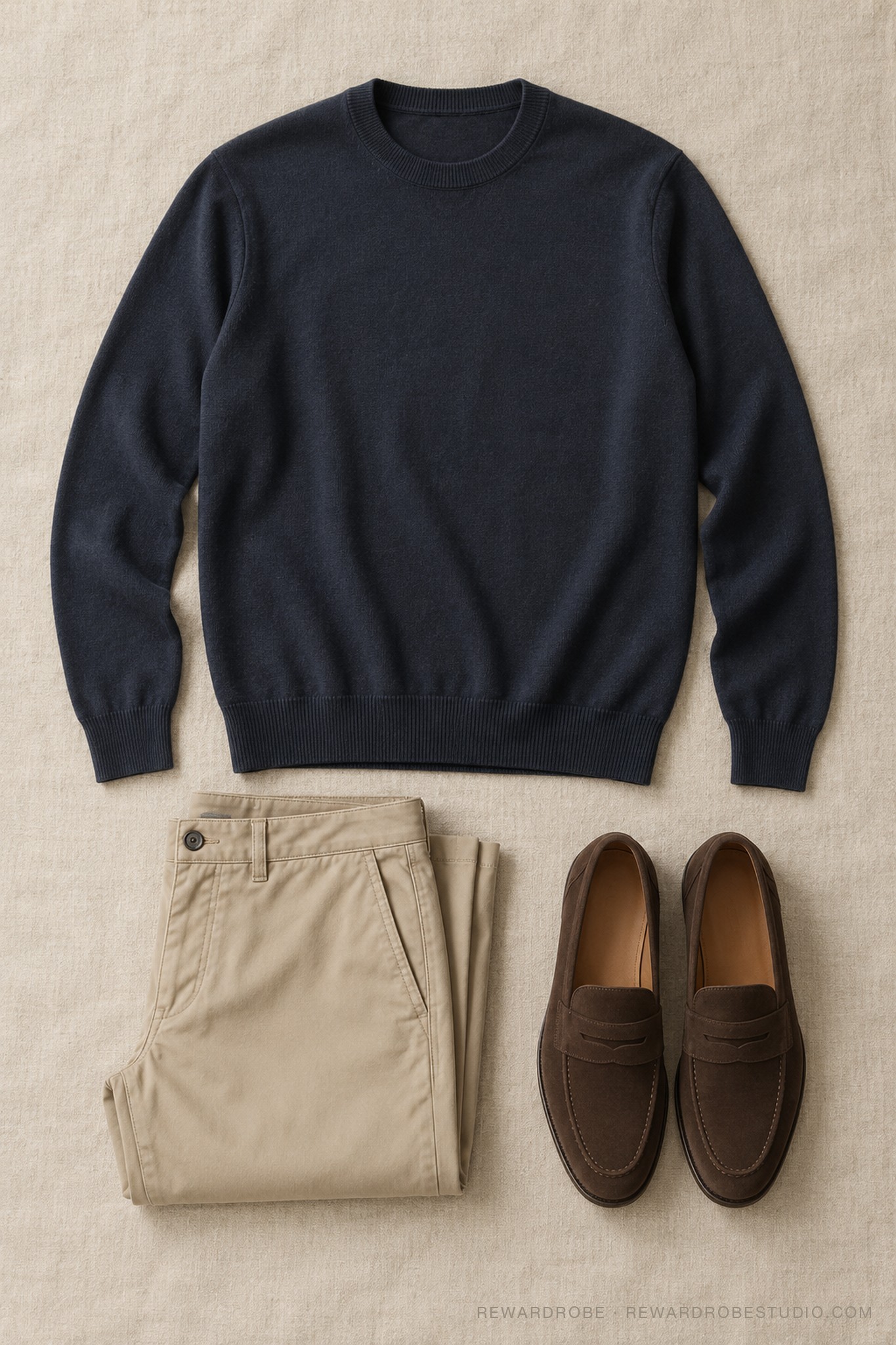 flat-lay of a navy knit, stone chinos and dark-brown loafers, Phase 2
